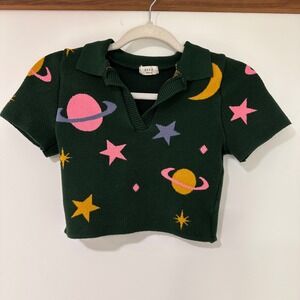 Debut Celestial Planet Star Knit Polo Crop Top Womens Small Green | Whimsigoth